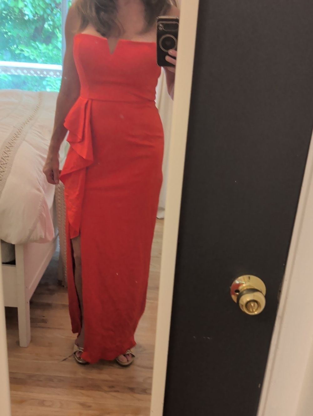Adrianna Papell Strapless Ruffle Side-Slit Maxi Dress - Orange-Red